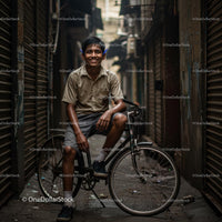 Smiling Boy on Vintage Bicycle in Urban Alleyway