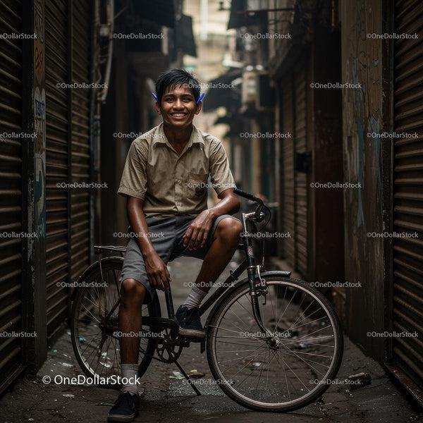Smiling Boy on Vintage Bicycle in Urban Alleyway