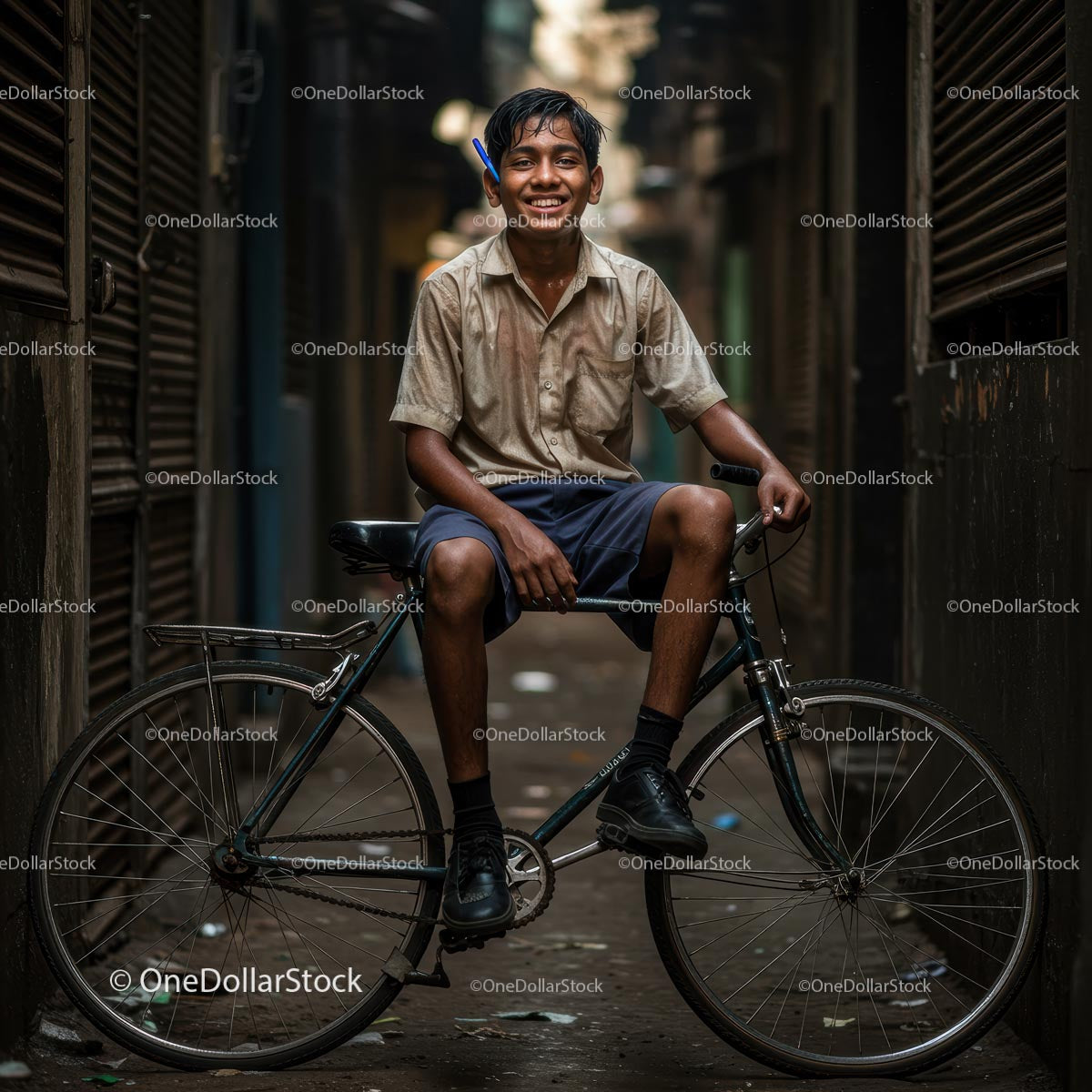 Smiling Boy Riding a Bicycle in Urban Alley
