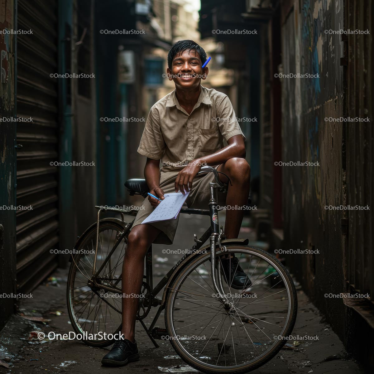 Smiling Boy Sitting on a Bicycle in Urban Alley