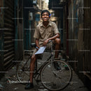 Smiling Boy Sitting on a Bicycle in Urban Alley