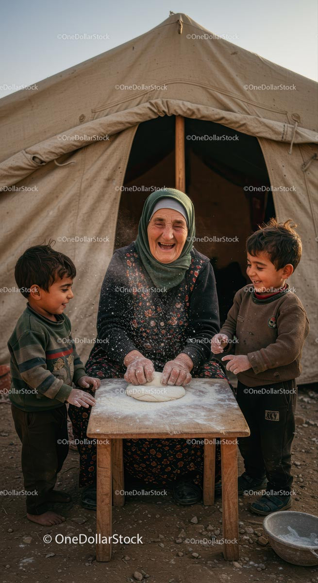 Smiling Grandmother Making Bread with Children Outdoors