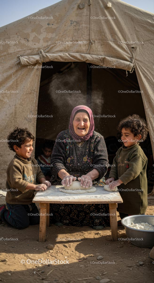 Grandmother and Children Baking Dough Outdoors