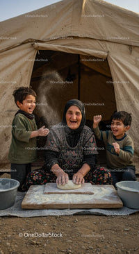 Grandmother and Children Joyfully Kneading Dough Together