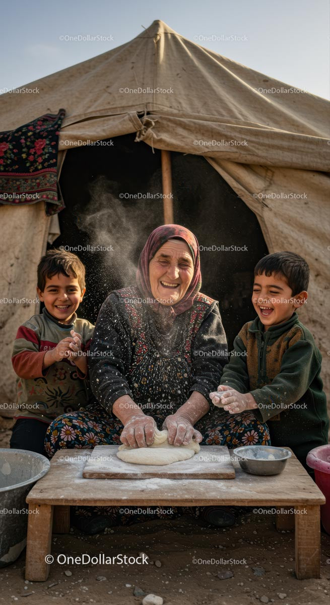Grandmother and Grandchildren Baking Bread Outdoors