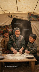 Grandmother Baking with Children in Rustic Tent
