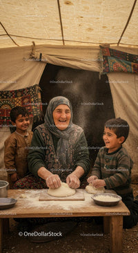 Grandmother Baking with Children in Rustic Tent