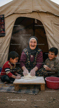 Elderly Woman Baking Bread with Children in Rural Setting