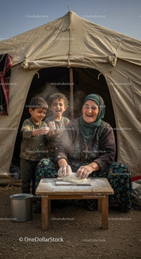 Grandmother Baking Bread with Joyful Children Outside Tent