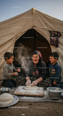 Happy Family Baking Bread Outside Tent