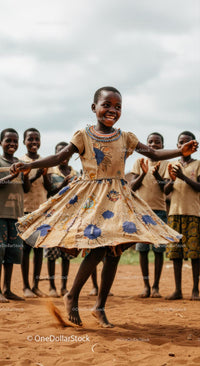 Joyful Girl Dancing in a Colorful Dress Among Friends