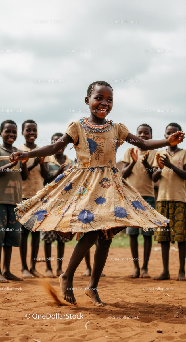 Joyful Girl Dancing in a Colorful Dress Among Friends