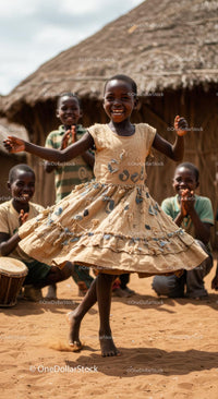 Joyful African Girl Dancing in Traditional Village Setting