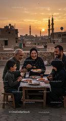 Family Enjoying Dinner at Sunset on Rooftop