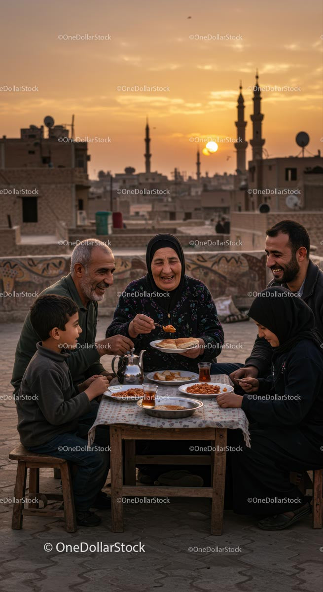 Family Enjoying Dinner at Sunset on Rooftop