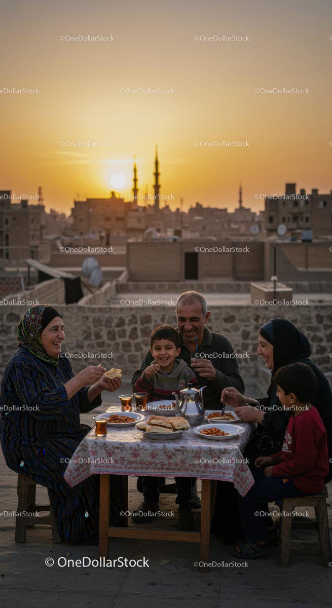 Family Enjoying Rooftop Dinner at Sunset