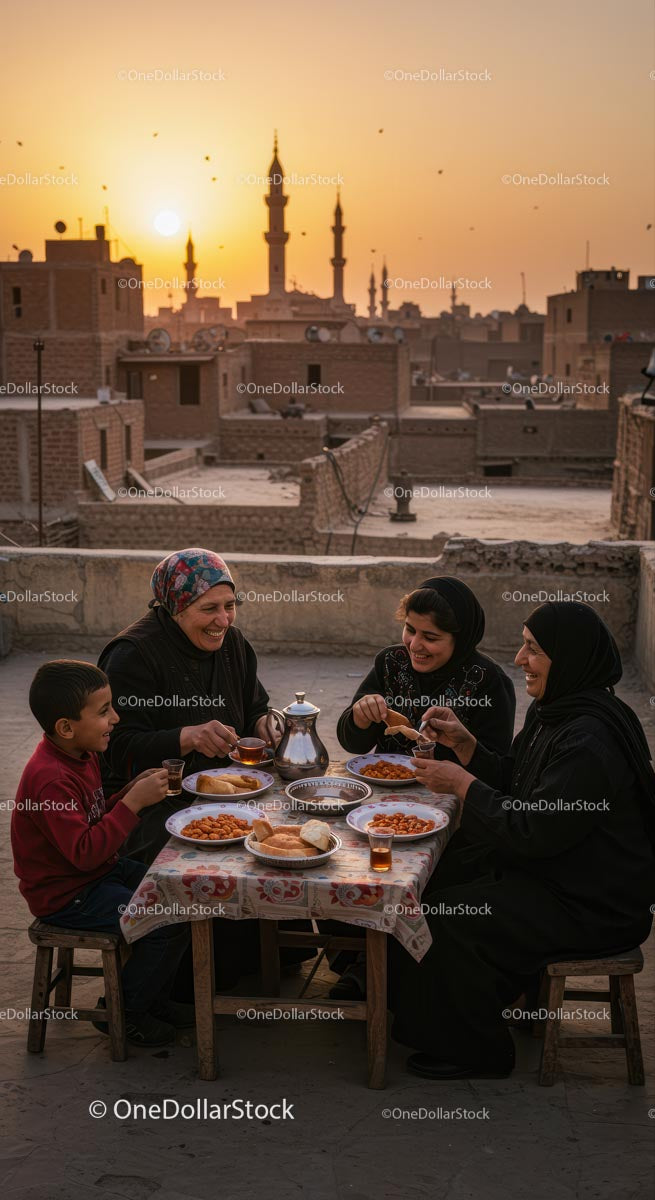 Family Gathering on Rooftop at Sunset with Traditional Meal