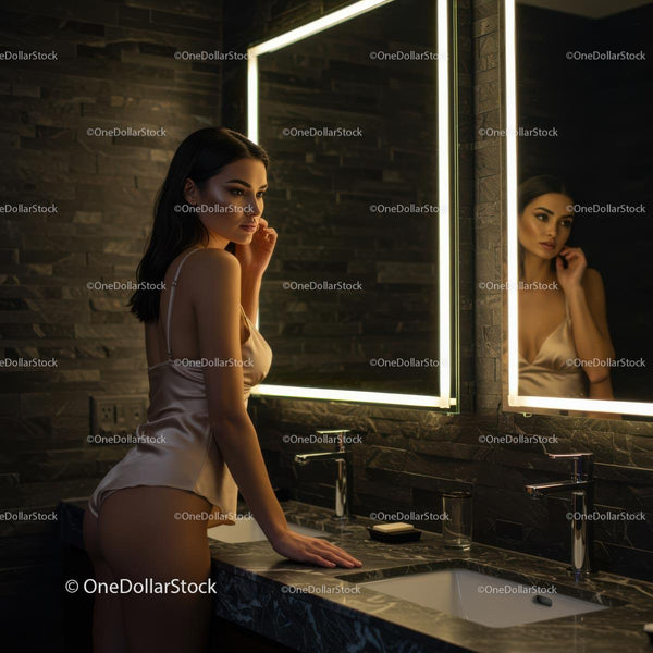 Elegant Woman in Luxury Bathroom with Illuminated Mirror