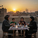 Family Enjoying Rooftop Dinner at Sunset in the City