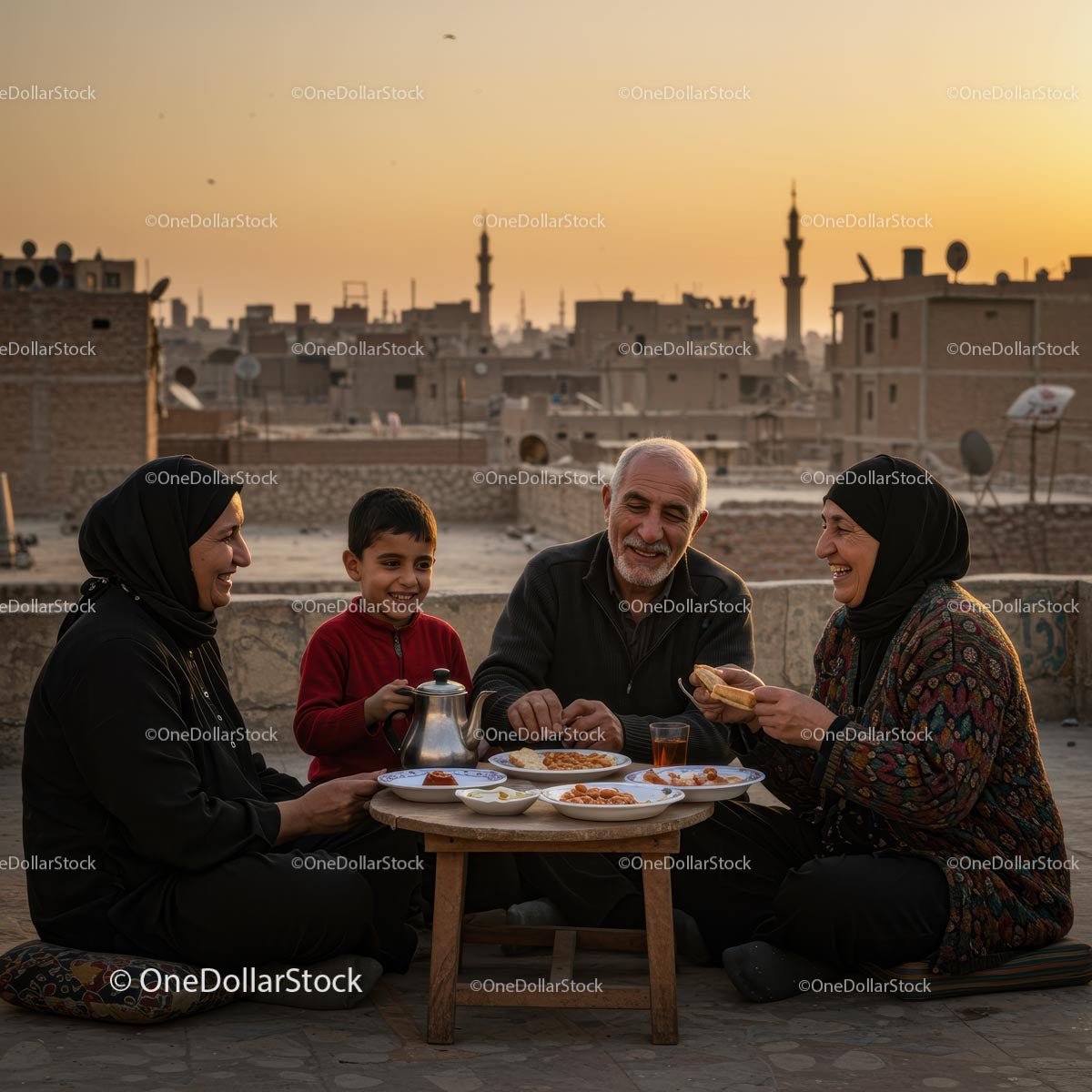 Family Enjoying Dinner on Rooftop at Sunset