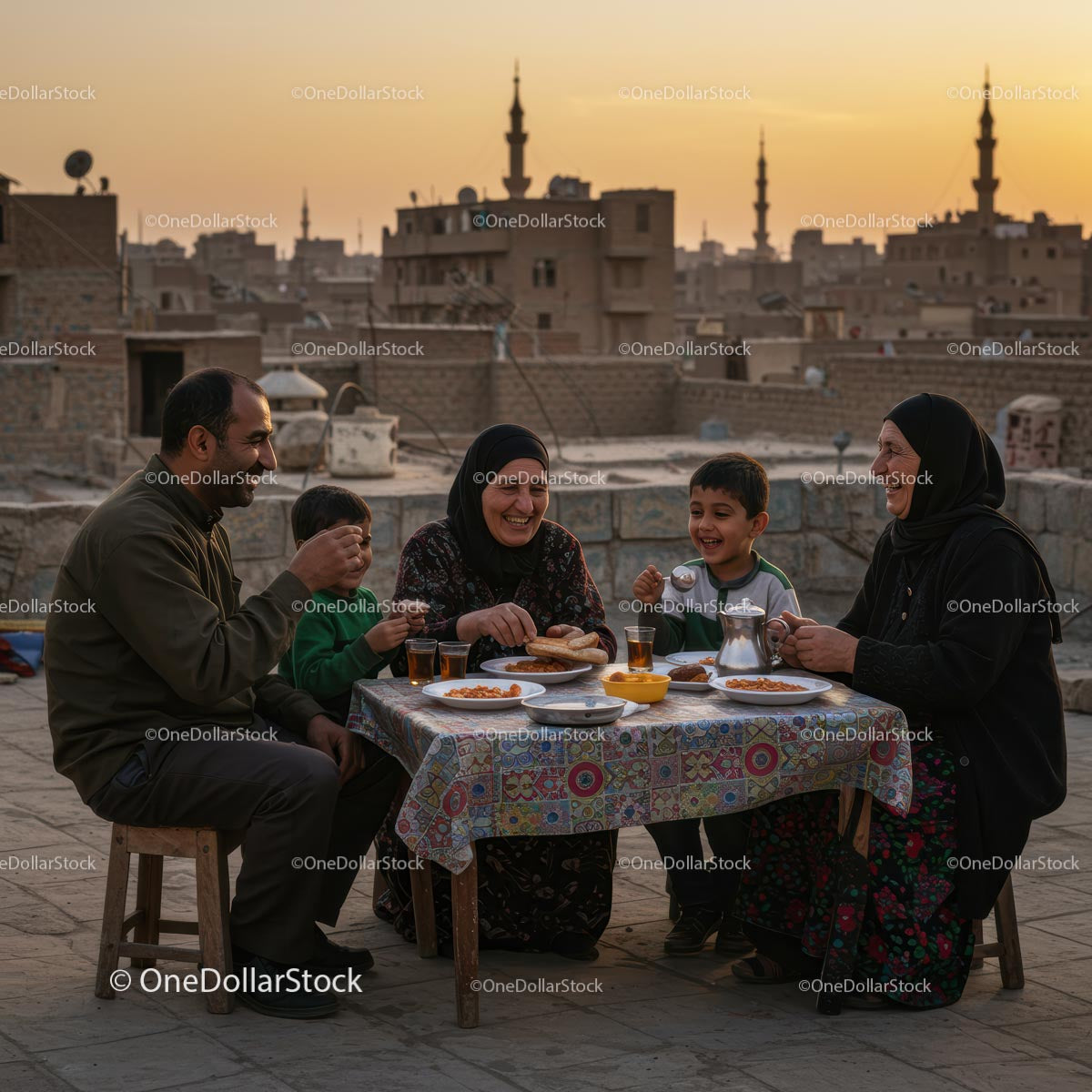 Family Enjoying Rooftop Dinner at Sunset