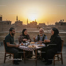 Family Enjoying Dinner on Rooftop at Sunset