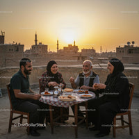 Family Enjoying Dinner on Rooftop at Sunset