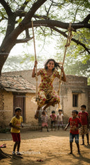 Smiling Girl on a Swing in Charming Village Setting