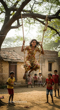 Smiling Girl on a Swing in Charming Village Setting