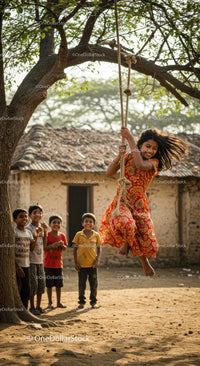 Children Enjoying Rope Swing in Rural Village