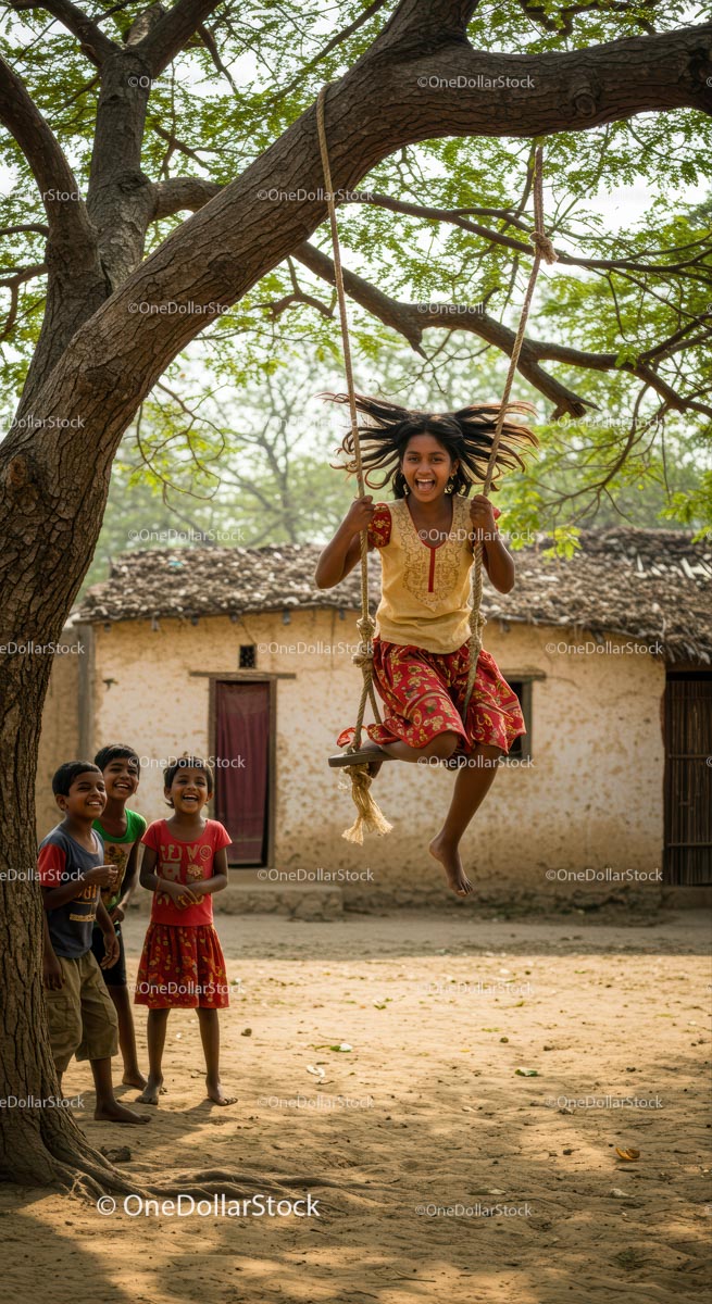 Joyful Children Playing on a Swing Under a Tree