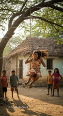 Children Enjoying a Swing in a Rural Village Setting