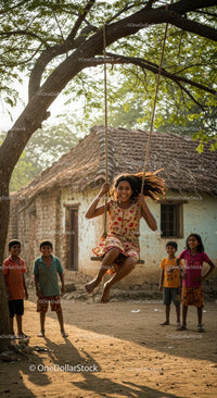 Children Enjoying a Swing in a Rural Village Setting