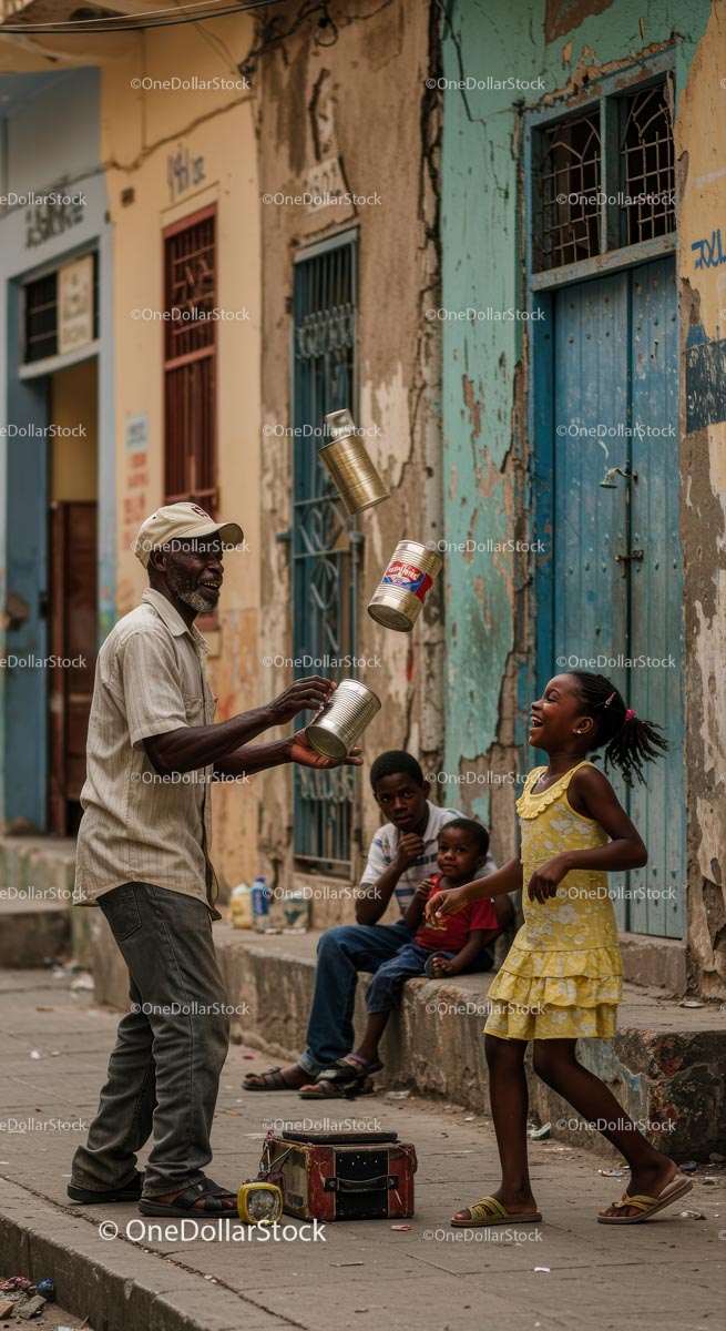 Street Performer Juggling Cans with Joyful Girl