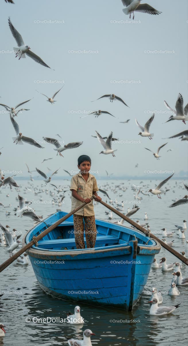 Child Rowing a Blue Boat Among Seagulls