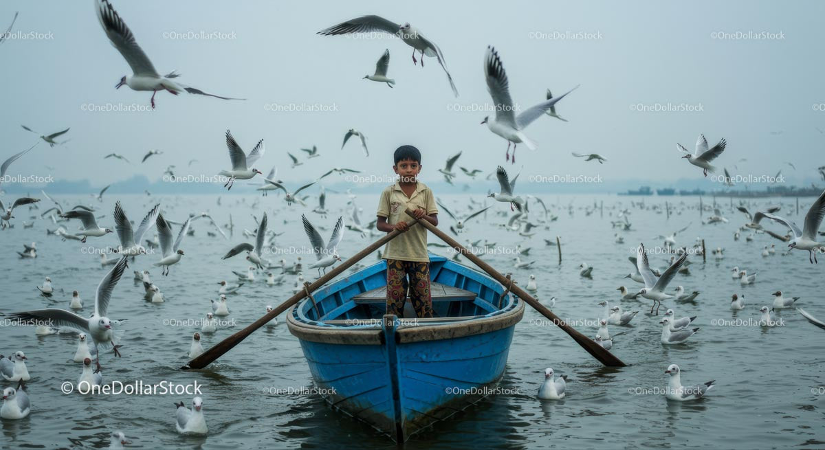Child Rowing in a Blue Boat Among Seagulls