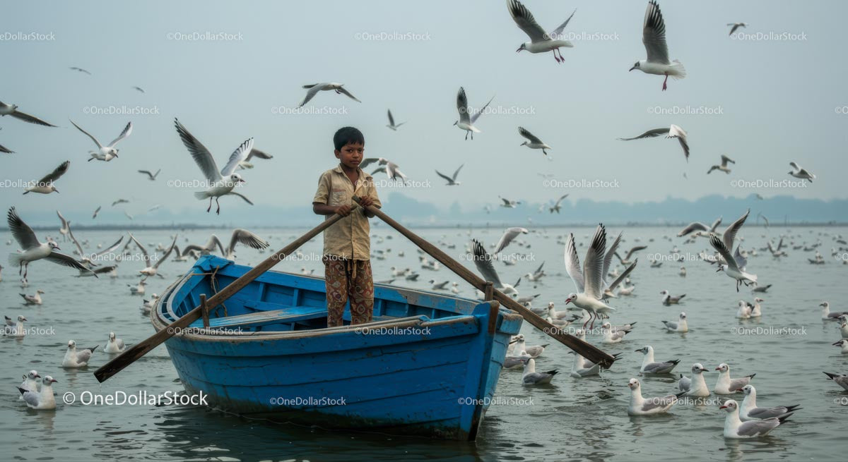 Boy Rowing Blue Boat Surrounded by Seagulls on Calm Water