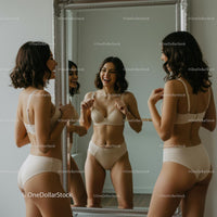 Laughing Woman in Beige Lingerie Admiring Mirror Reflection