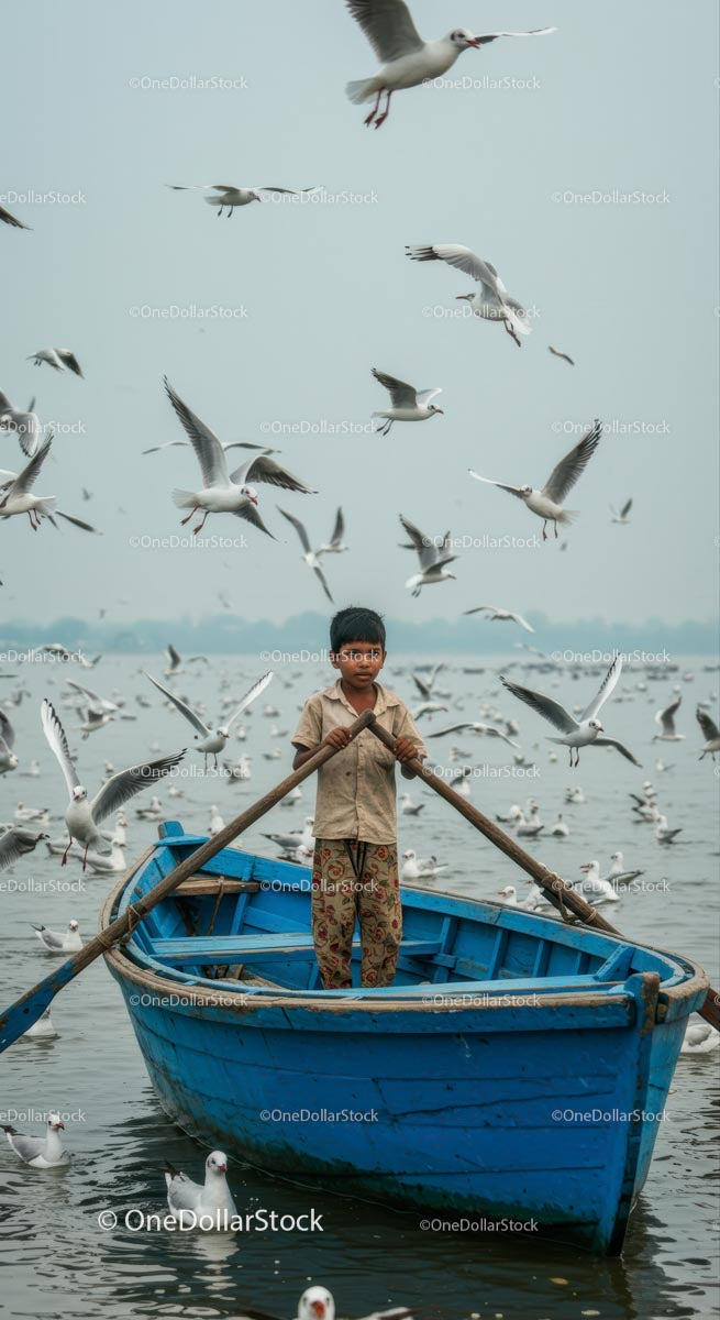 Young Boy Rowing a Blue Boat Surrounded by Seagulls
