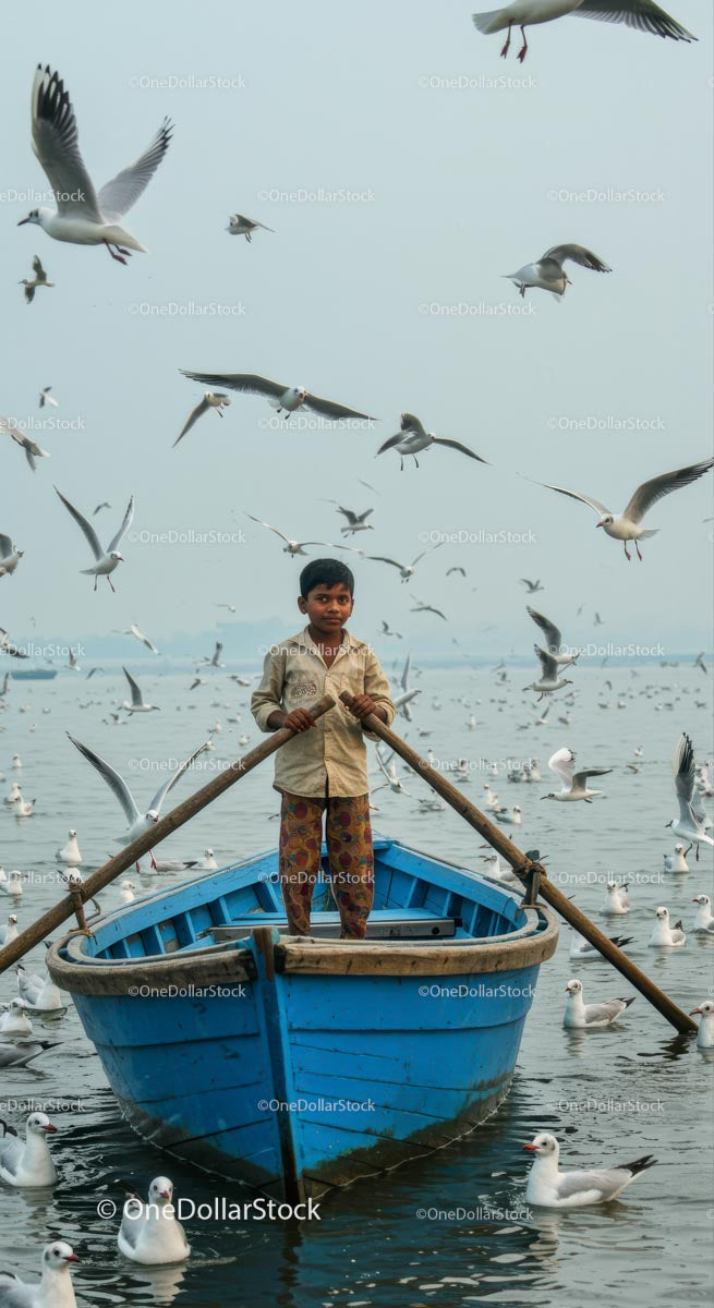 Boy Navigating Blue Boat Among Seagulls