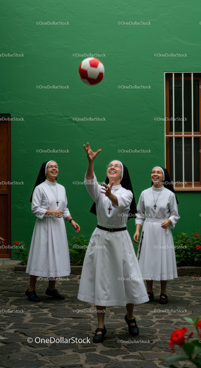 Nuns Playing with a Soccer Ball in Courtyard