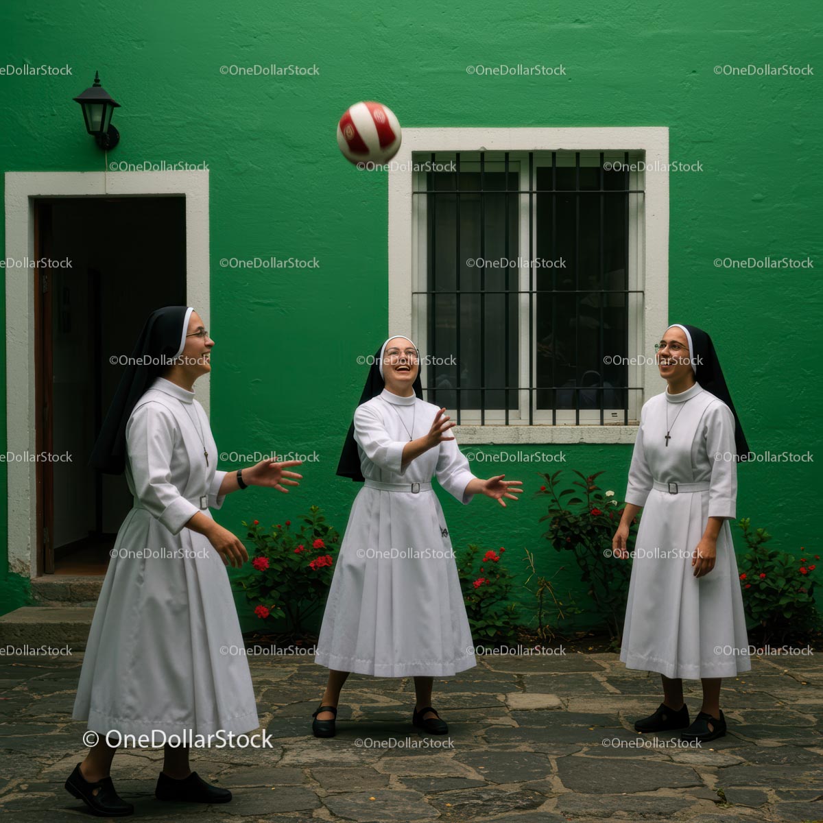 Nuns Enjoying a Playful Volleyball Game Outdoors