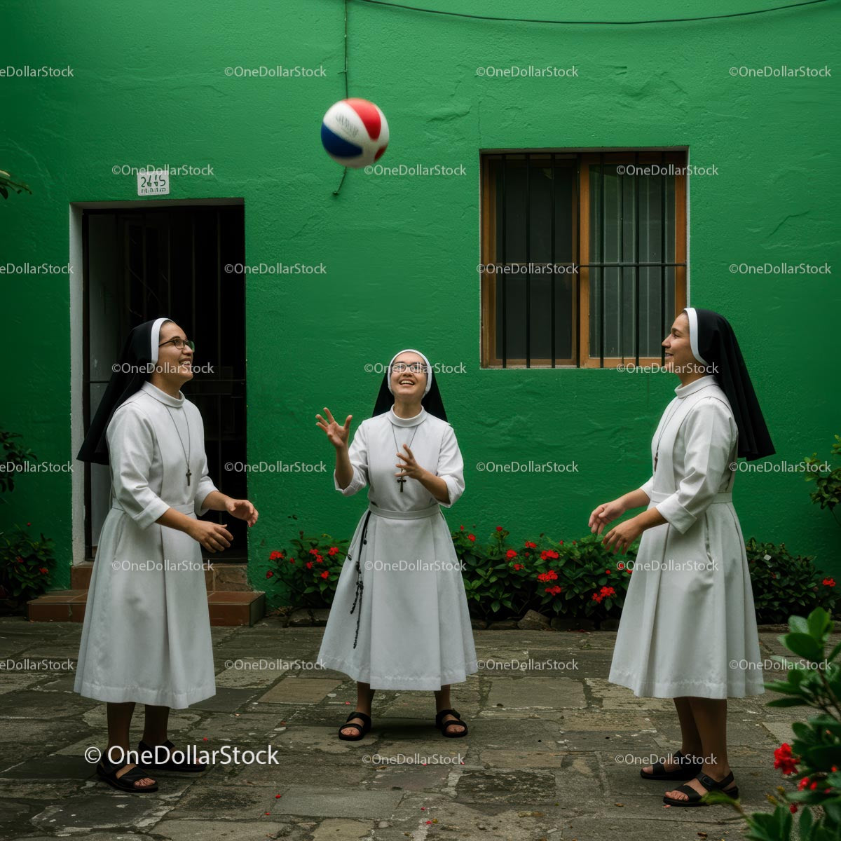 Nuns Enjoying a Leisurely Ball Game in a Courtyard