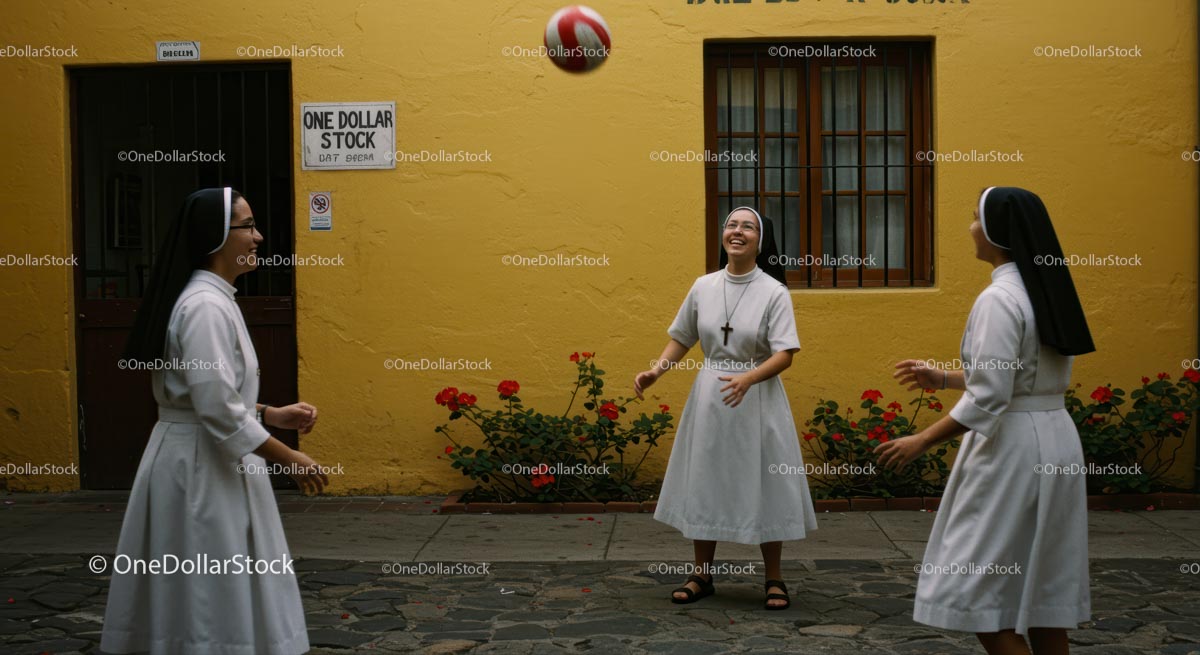 Nuns Enjoying Leisure Time in a Sunny Courtyard