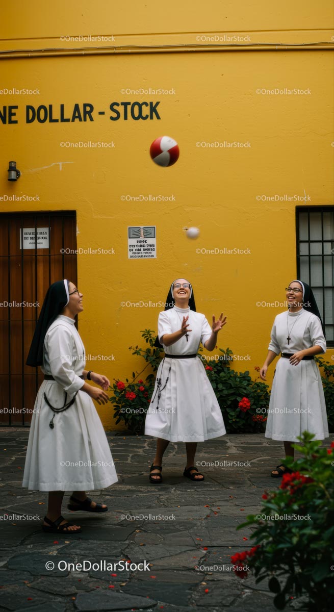 Joyful Nuns Playing in Courtyard with Yellow Background