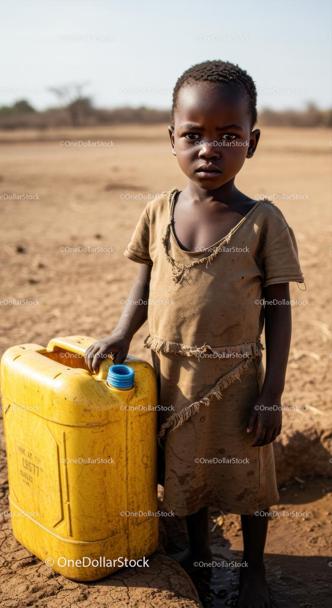 Young Boy Holding Yellow Water Container in Dry Landscape