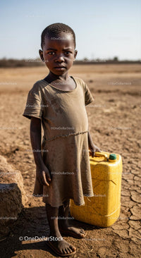 Young Child Holding Water Can in Arid Landscape