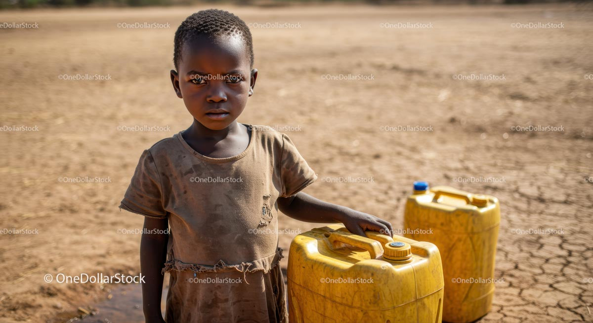 Young Child with Yellow Jerrycans in Arid Landscape