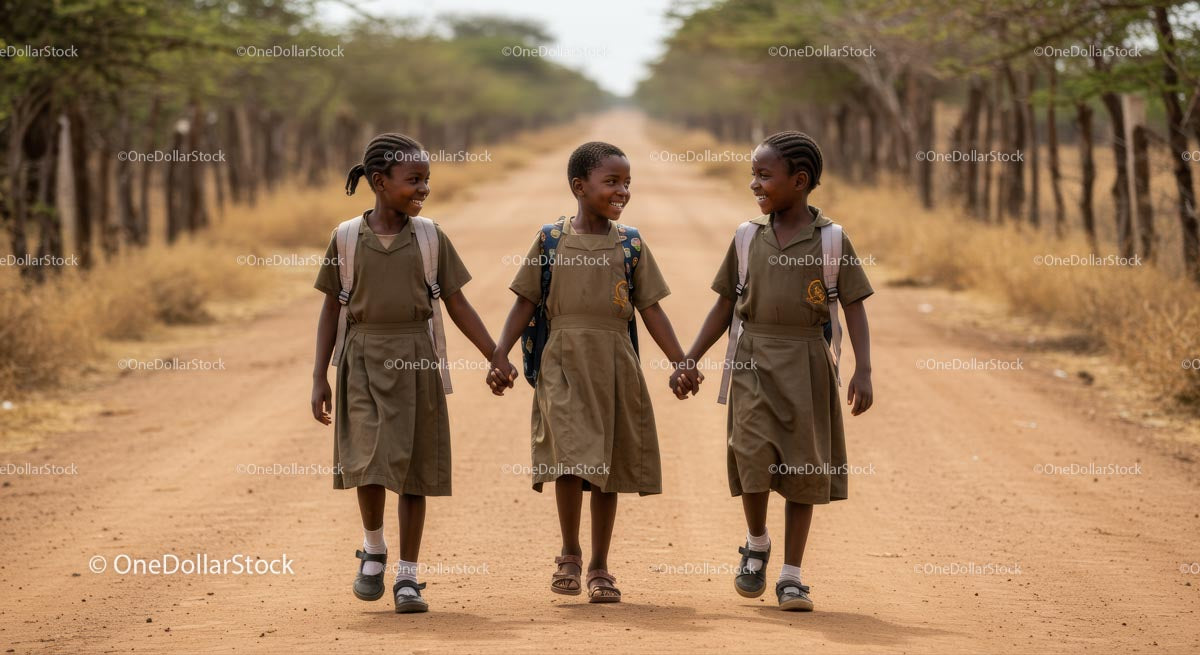 Smiling Schoolchildren Walking on Rural Path