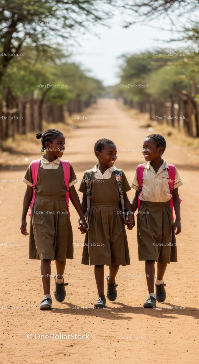 Three Children Walking to School on a Sunny Day